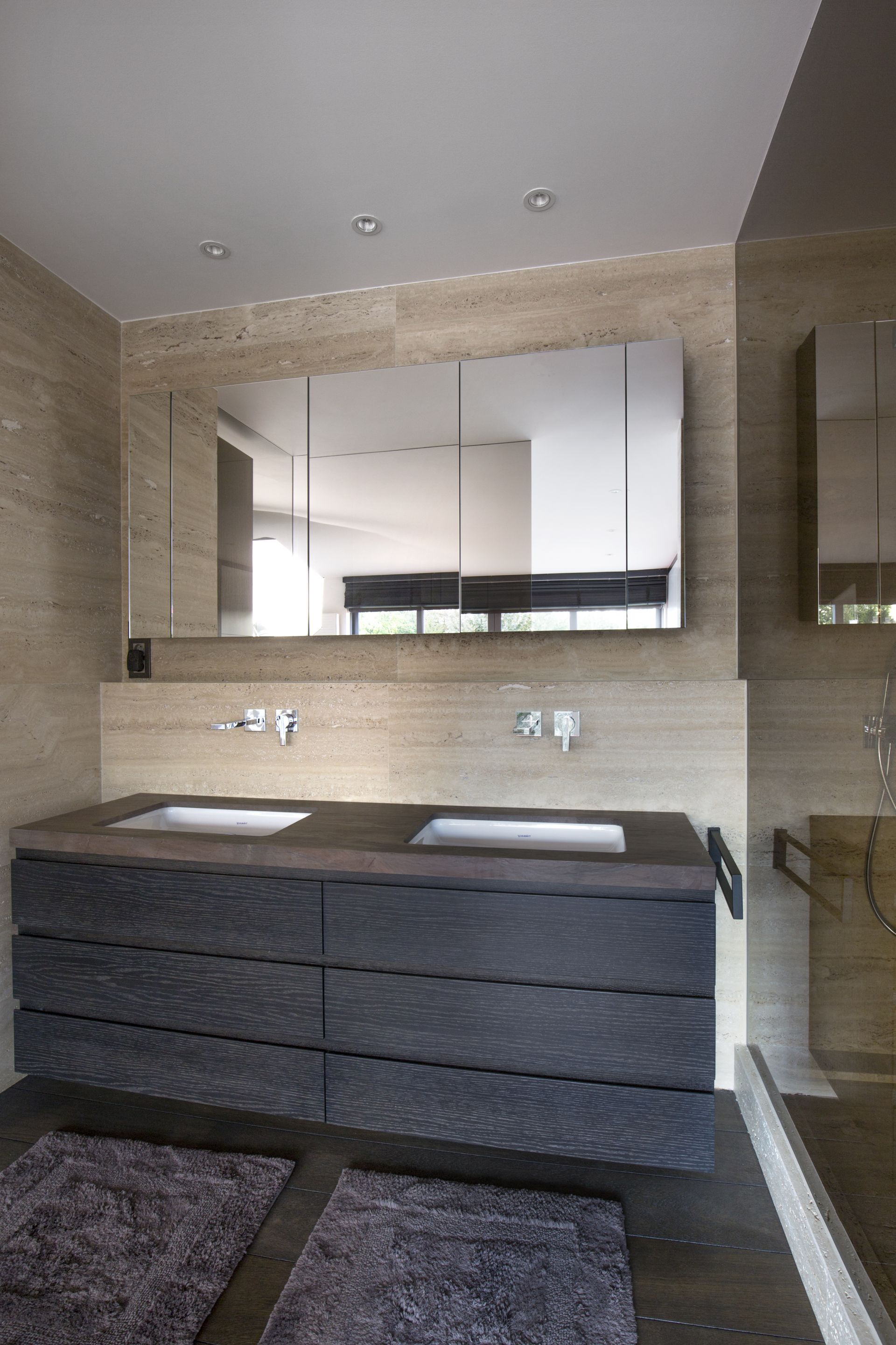 duetto bathroom and Roman travertine classic double sink